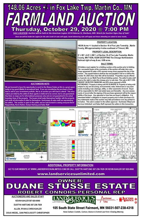 Farmland auction - CRP income will be prorated at closing. Call Land Broker/Auctioneer Matt Skinner at 515-443-5004 or Land Broker Luke Skinner at 515-468-3610 for more information on this Calhoun County Land Auction. Auction Address: 2289 S Twin Lakes Road, Rockwell City, IA 50579. Sale Method:The farm will be sold as 4 tracts at live public auction per buyer ...